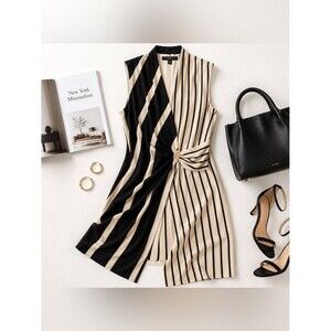Donna Karan Striped Wrap Dress 10 Black Cream Gold Accent Midi Workwear Cocktail